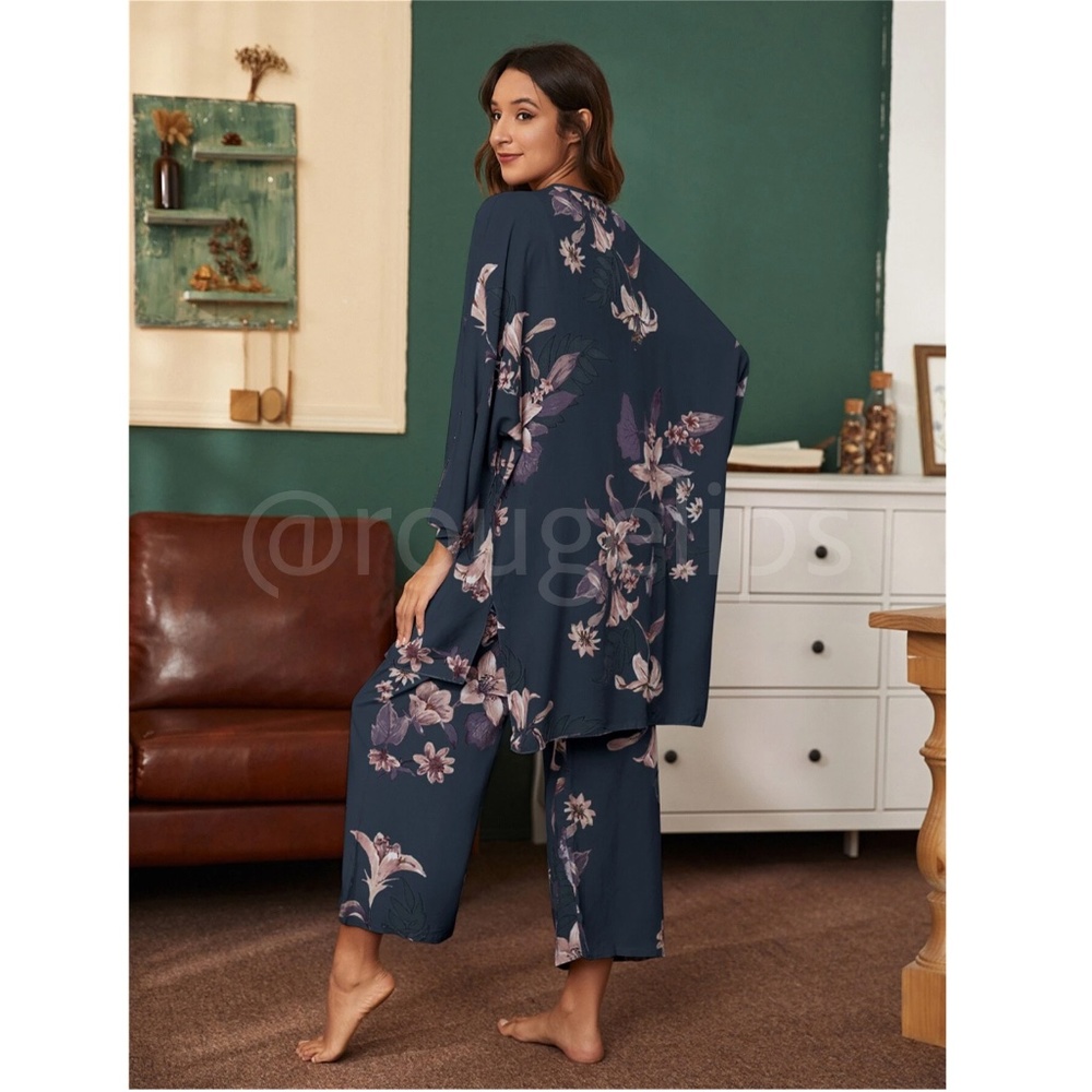 3 Piece Navy Blue Floral Print Pajama Set - Picture 5 of 6